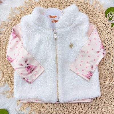 Conj. Colete de Pelinho, Blusa Coelhinha e Calça Legging - Rosa Bebê